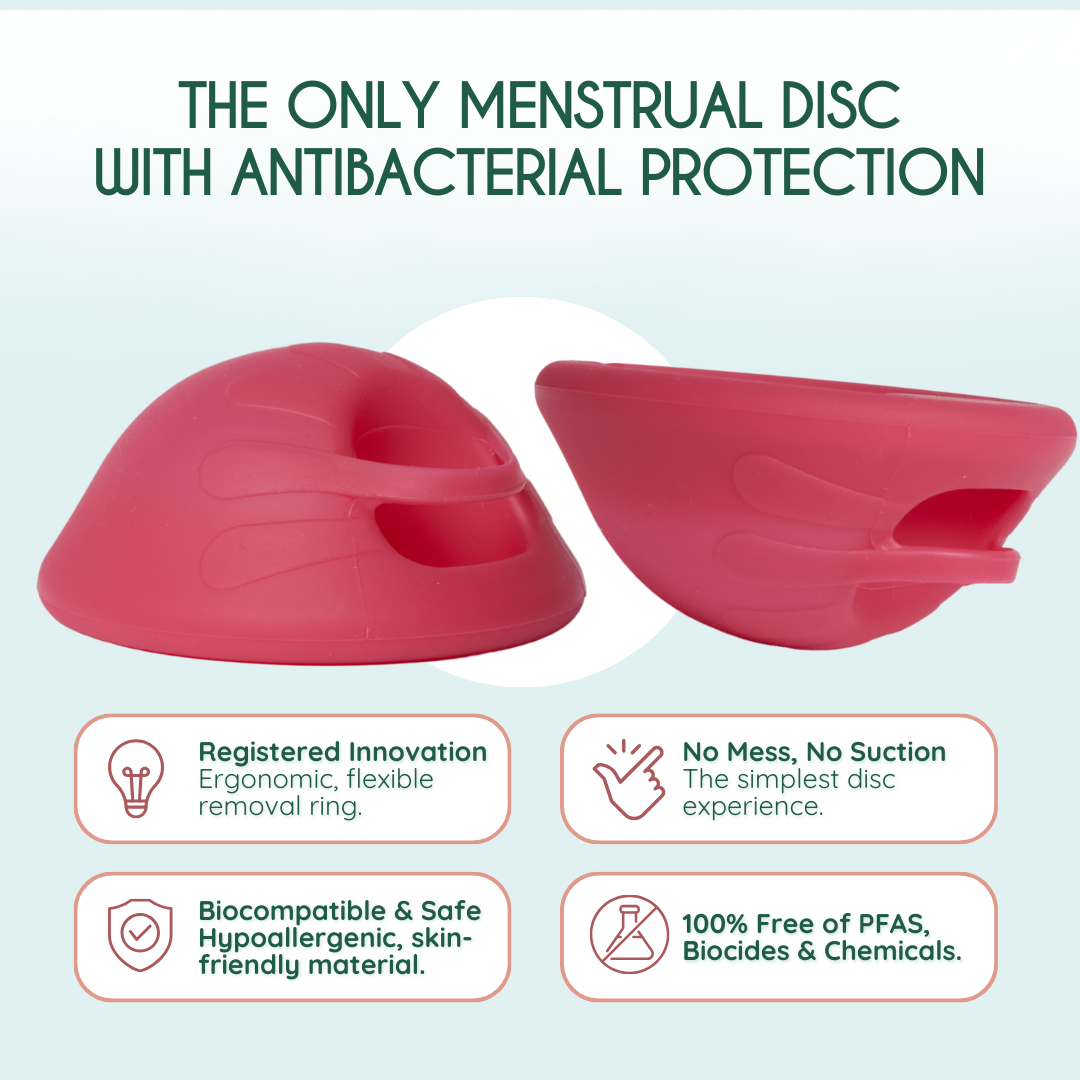 genanvendelig menstruationsdisk op til 12 timers beskyttelse | reusable menstrual disc up to 12 hours protection