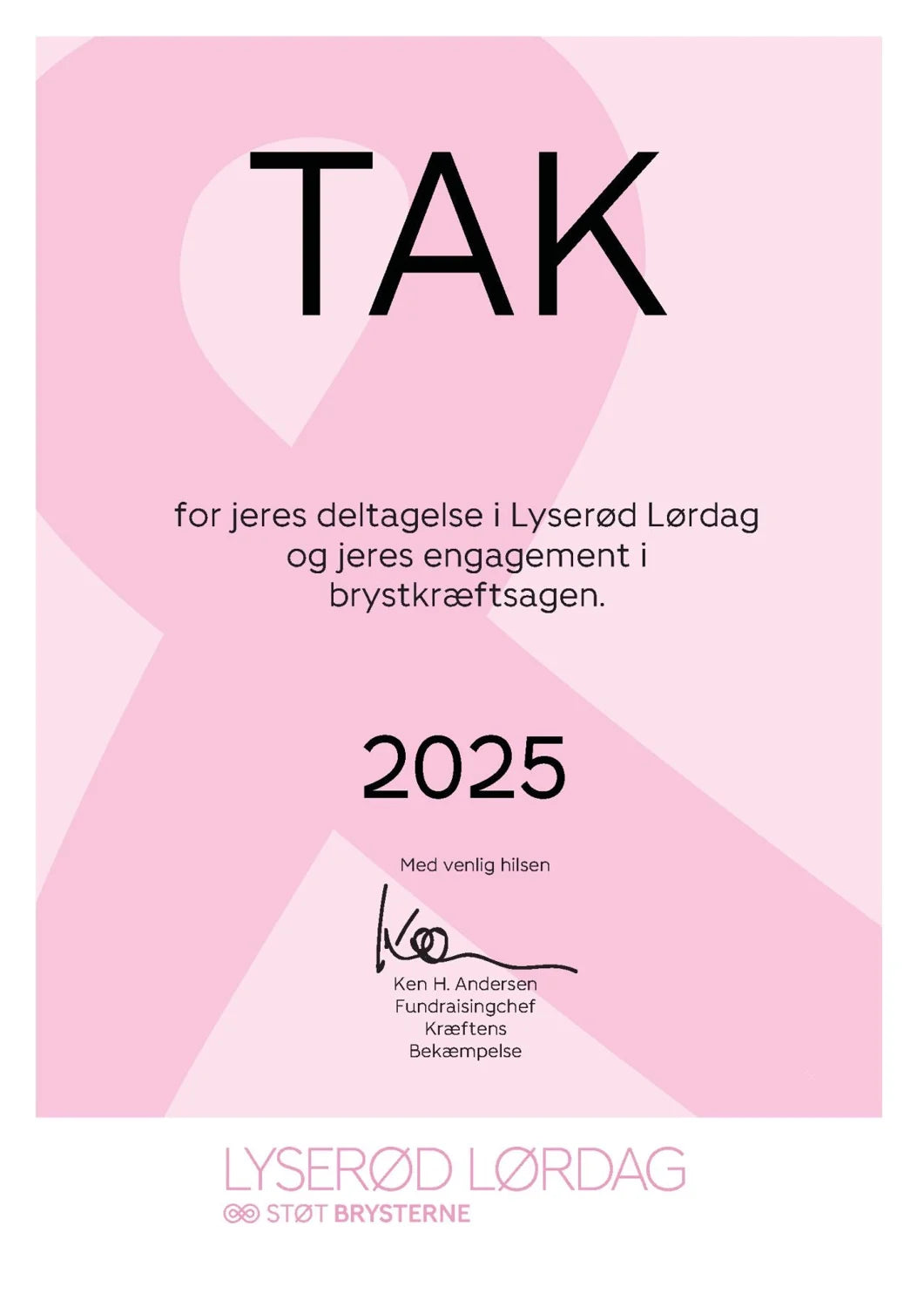 Dankesschreiben von Kræftens Bekæmpelse für die Teilnahme an Lyserød Lørdag 2025
